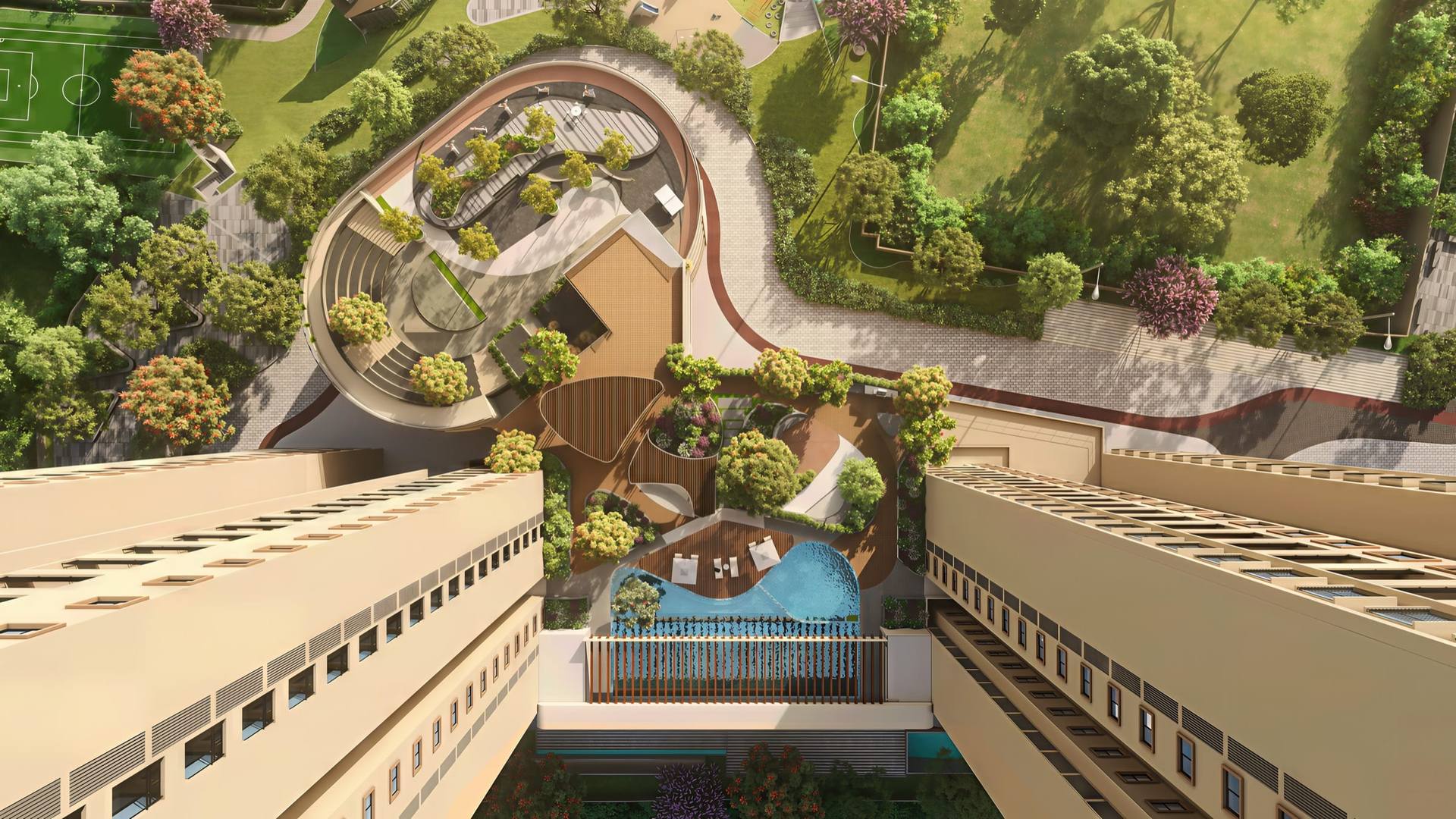 Landscaped amenity deck, aerial view